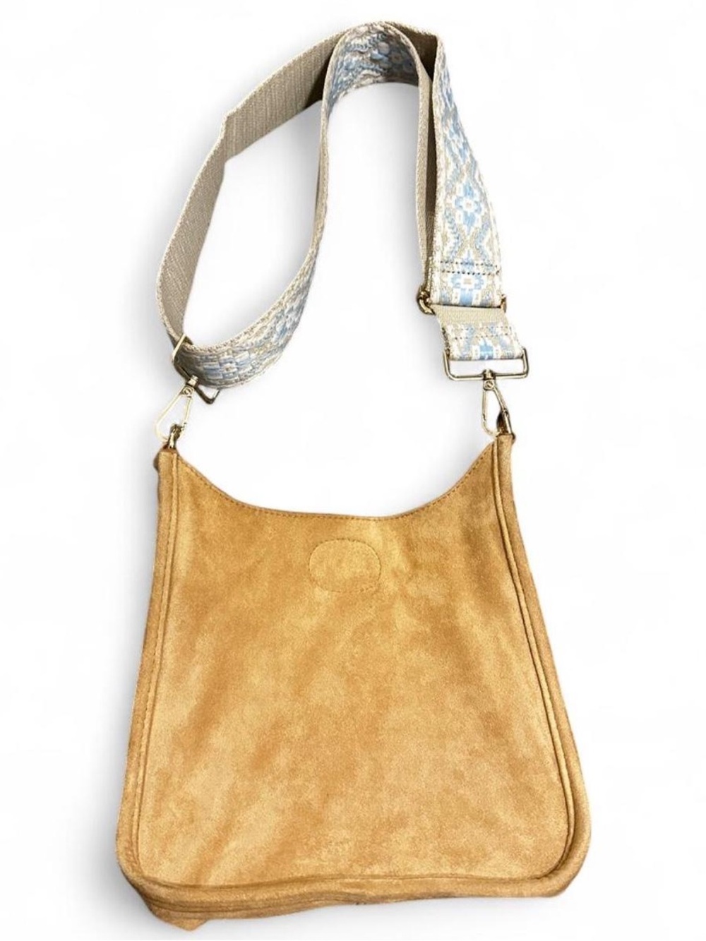 Ah-dorned Tan Suede Vegan Crossbody Bag with Patterned Strap
